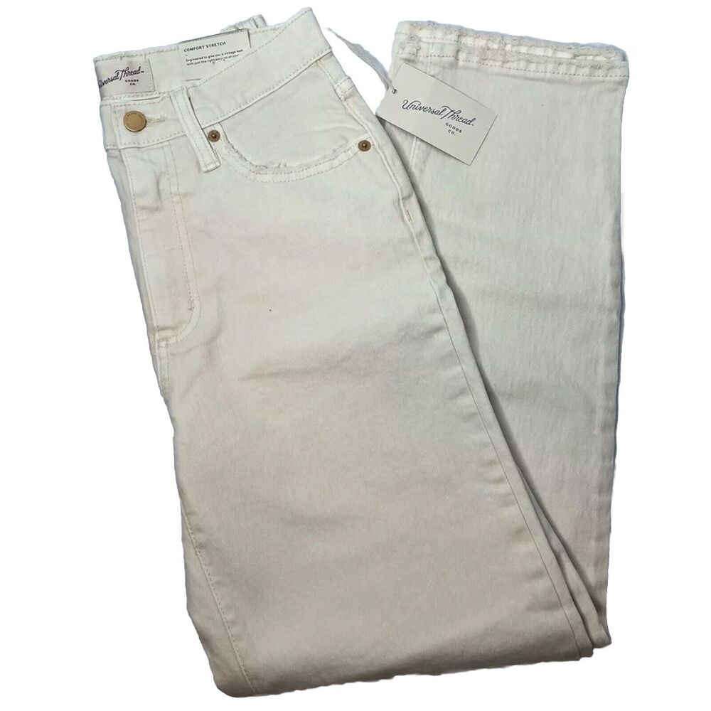Universal Thread Ecru High Rise 90s Straight Leg Frayed Hem Jean 4 SHORT New!